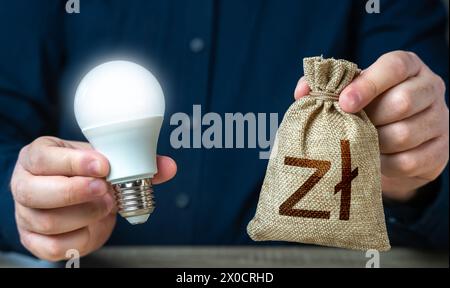 Polnische Zloty Geldtasche und brennende Idee Glühbirne in den Händen eines Mannes. Investition in eine Idee. Bereitstellung finanzieller Anreize zur Verbesserung des Energie-eff Stockfoto