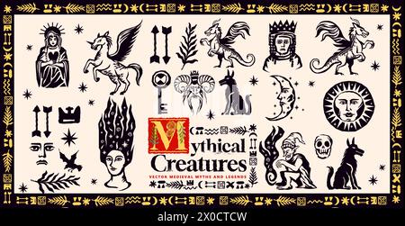 Eine Sammlung mittelalterlicher Linolschnitte, in denen mythische Kreaturen und Legenden mit Drachen und Kobolden graviert sind. Vektorabbildung Stock Vektor