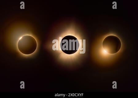 Die Sonnenfinsternis von 2024 zwischen Anfang und Ende der Totalität. Stockfoto