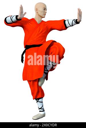 3D-Rendering eines Shaolin Mönch isoliert Trainieren auf weißem Hintergrund Stockfoto