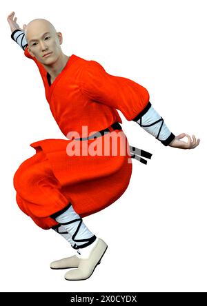 3D-Rendering eines Shaolin Mönch isoliert Trainieren auf weißem Hintergrund Stockfoto