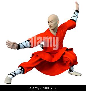 3D-Rendering eines Shaolin Mönch isoliert Trainieren auf weißem Hintergrund Stockfoto