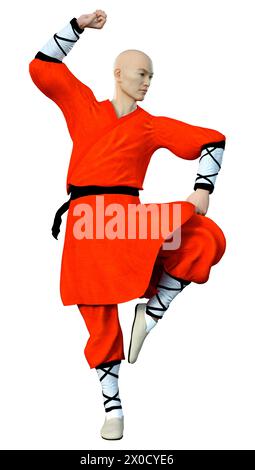 3D-Rendering eines Shaolin Mönch isoliert Trainieren auf weißem Hintergrund Stockfoto