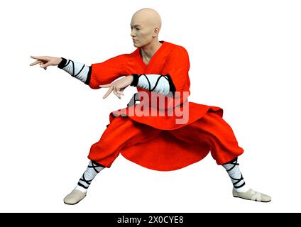 3D-Rendering eines Shaolin Mönch isoliert Trainieren auf weißem Hintergrund Stockfoto