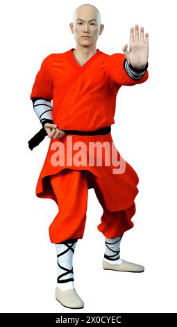 3D-Rendering eines Shaolin Mönch isoliert Trainieren auf weißem Hintergrund Stockfoto