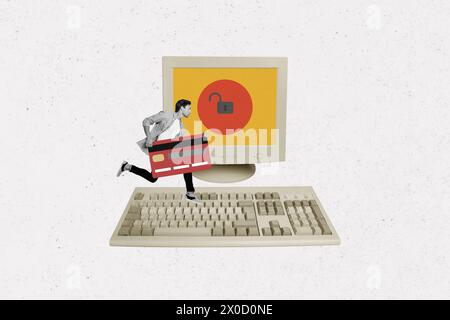 Trend-Artwork-Skizze Composite 3D-Foto-Collage von jungen Mann in der Hand Kreditkarte in riesigen Retro-Vintage-Computermonitor Stockfoto