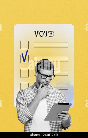 Composite Trend Artwork Skizzenbild 3D Foto Collage von schwarz weiß jungen Mann denken halten in der Hand epad Abstimmung Checkliste Kandidaten wählen Stockfoto