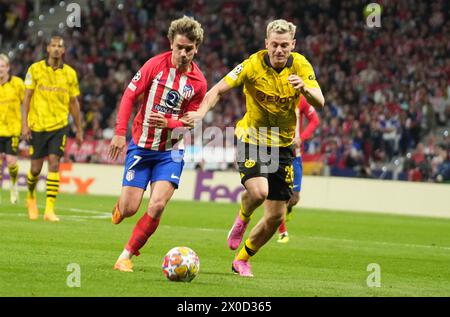 Madrid, Spanien. April 2024. Antoine Griezmann von Atletico Madrid während der UEFA League, Viertelfinale, 1. Legs-Fußballspiel zwischen Atletico Madrid und Borussia Dortmund am 10. April 2024 im Metropolitano-Stadion in Madrid, Spanien. Foto: Laurent Lairys/ABACAPRESS.COM Credit: Abaca Press/Alamy Live News Stockfoto