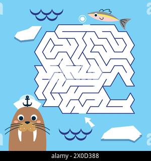 Labyrinth Spiel Labyrinth Walrus Vektor Illustration. Buntes Puzzle für Kinder Stock Vektor