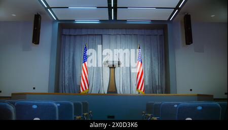 Tribune für Präsident der Vereinigten Staaten politische Rede im Weißen Haus. Pressekampagnen-Raum mit Sitzplätzen. Konferenzdebatte aus Holz mit Mikrofonen auf der Bühne. Amerikanische Flaggen im Hintergrund. Stockfoto