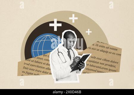Composite Photo Collage des amerikanischen Mannes halten Clipboard Schreiben Beleg Diagnose Planeten Emblem Pandemie isoliert auf gemalten Hintergrund Stockfoto