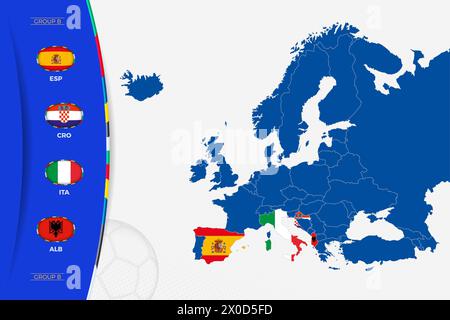 Europakarte mit markierten Karten der Länder, die an der Gruppe B des europäischen Fußballturniers 2024 teilnehmen. Flags-Symbol der Gruppe B. Stock Vektor