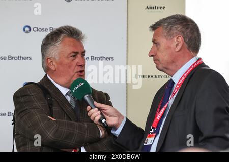 Sieger-Trainer Paul Nicholls während eines Interview nach dem Rennen nach dem Sieg der Close Brothers Red Rum Handicap Tureple Chase (Klasse 1) während des Randox Grand National 2024 Opening Day auf der Aintree Racecourse, Liverpool, Großbritannien, 11. April 2024 (Foto: Mark Cosgrove/News Images) in, am 11. April 2024. (Foto: Mark Cosgrove/News Images/SIPA USA) Credit: SIPA USA/Alamy Live News Stockfoto