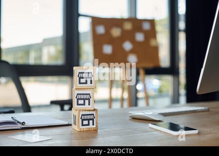 Zwei Blöcke ordentlich auf einem Holztisch gestapelt Stockfoto