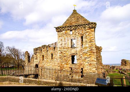 Blick auf das historische Schloss St. Andrews aus dem 13. Jahrhundert bei Sonnenschein im Frühling in Fife County, Schottland Stockfoto