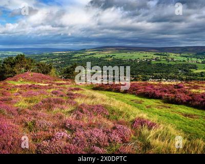 Blick auf Großbritannien, West Yorkshire, Ilkley, Ilkley Moor aus der Nähe der Hanging Stones. Stockfoto