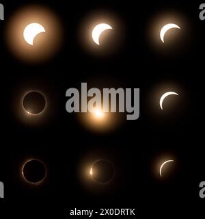 Zusammenstellung von 9 Bildern der Sonnenfinsternis im Jahr 2024 vom Beginn bis zur totalen Sonnenfinsternis. Beginn der Entdeckung der Sonne mit den Baily's Beads Stockfoto