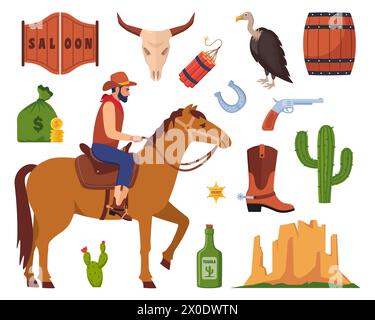 Wild-West-Symbole, Set. Westliche und Cowboy-Elemente. Schild, Salontür, Wanted-Poster, Sheriff-Abzeichen, Kakteen, Kuhschädel, Cowboyhut, Revolver, wago Stock Vektor