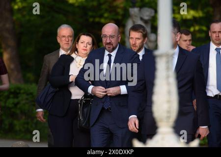 Der polnische Premierminister Donald Tusk hält in Warschau ein Treffen zur strategischen Agenda ab. Präsident des Europäischen Rates, Charles Michel, trifft am Donnerstag, den 11. April 2024, in Warschau, Polen zu dem Treffen der strategischen Agenda mit dem polnischen Premierminister Donald Tusk ein. Warschau Polen Copyright: XAleksanderxKalkax Stockfoto