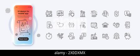 Symbole für Telefonnachrichten, Sprechblase und Fitness-Linien für Web-App. Piktogramsymbol. Bildschirm „Phone Mockup Gradient“. Vektor Stock Vektor