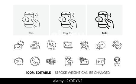 Zeilensymbole werden verarbeitet. Callcenter, Support und Chat-Nachricht. Lineare Symbolgruppe. Zeilensymbole. Vektor Stock Vektor