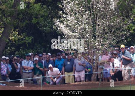 Augusta, Usa. April 2024. Der nordirische Rory McIlroy schlägt am Donnerstag, den 11. April 2024, in der ersten Runde des Masters Turniers im Augusta National Golf Club in Augusta, Georgia, auf dem zweiten Loch aus. Foto: Tannen Maury/UPI Credit: UPI/Alamy Live News Stockfoto