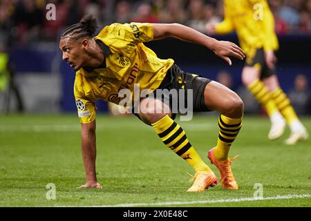 MADRID, SPANIEN - 10. APRIL: Sébastien Haller, Mittelstürmer von Borussia Dortmund, sieht am 10. April 2024 im Civitas Metropolitano Stadion in Madrid, Spanien, beim ersten Spiel der UEFA Champions League zwischen Atletico de Madrid und Borussia Dortmund vor. (Foto von Jose Torres/Foto-Player-Bilder) Stockfoto