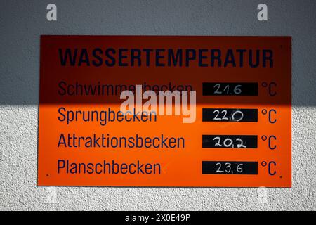 Erfurt, Deutschland. April 2024. Die Temperaturen für den letzten Öffnungstag vor Ende der Saison 2023 werden auf einem Brett im Außenpool angezeigt. Quelle: Jacob Schröter/dpa/Alamy Live News Stockfoto