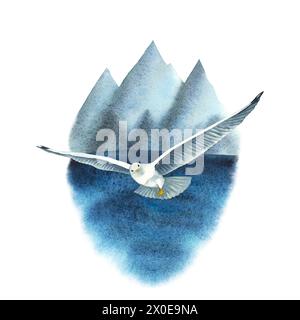 Fliegendes Aquarell Möwenkompositionsdruck isoliert auf weißem Hintergrund. Handgezeichnete Illustration zum Thema Seefischerei. Berg, Wasser, Touris Stockfoto