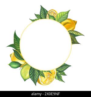 Runder Rahmen mit Zitrone in Aquarellfarbe mit Limette, Blättern, Zitronen. Handgemalte frische gelbe Zitronenfrüchte, isoliert auf weißem Hintergrund. Illustratio mit frischem Obst Stockfoto
