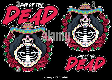 Illustration eines Skeletts im Maskottchenstil mit einem Sombrero umgeben von Rosen für die Feierlichkeiten zum Tag der Toten. Stock Vektor