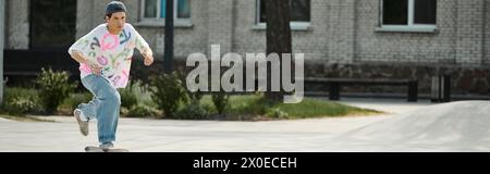 Ein junger Skater-Junge in Aktion, der an einem sonnigen Tag in einer lebhaften urbanen Umgebung einen Bürgersteig hinunterfährt. Stockfoto