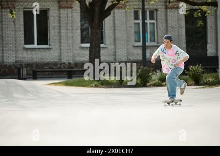 Ein junger Skater, der an einem sonnigen Sommertag auf einem Skateboard die Straße hinunter fährt. Stockfoto