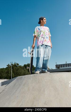 Ein junger Skater steht selbstbewusst auf einer Skateboardrampe, bereit für gewagte Tricks in einem Sommer-Skatepark. Stockfoto