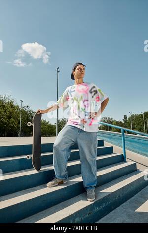 Ein junger Mann steht selbstbewusst auf einem Skateboard oben auf einer Treppe und bereitet sich auf den Abstieg vor. Stockfoto