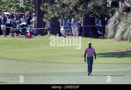 Augusta, Usa. April 2024. Tiger Woods läuft das siebte Fairway während der ersten Runde des Masters Turniers im Augusta National Golf Club in Augusta, Georgia am Donnerstag, den 11. April 2024. Foto: Tannen Maury/UPI Credit: UPI/Alamy Live News Stockfoto