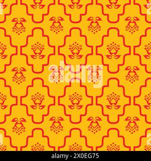 Abstraktes nahtloses Muster, Hintergrund mit dekorativen Blumen und geflochtenem Mesh-Ornament. Windelmuster Vektor-Illustration in gelben, roten Farben. Dez Stock Vektor