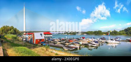 Herrlicher Blick auf die Ada-Brücke oder alternativ die Save-Brücke - eine Kabelbrücke über die Save. Standort: Belgrad, Serbien, Europa. Stockfoto