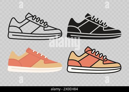 Flache Vektorschuhe Linear für Männer und Frauen, Symbolsatz isoliert. Turnschuhe, Farbsymbole Für Schuhe, Designvorlage, Clipart. Vektorabbildung Stock Vektor