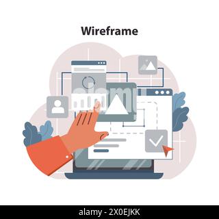 Entwicklungskonzept für Drahtmodelle. Designer erstellen ein responsives Website-Layout, das wesentliche Elemente und eine visuelle Hierarchie betont. Benutzerorientiertes Design. Illustration des flachen Vektors Stock Vektor