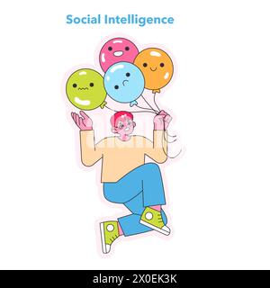 Social Intelligence-Konzept. Fröhliche Einzelperson mit emotionalen Ballons, die verschiedene soziale Hinweise und Interaktionen einfangen. Emotionale Schärfe im sozialen Kontext. Vektorabbildung. Stock Vektor