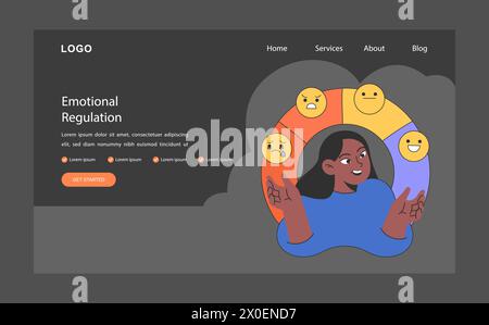 Emotionale Selbstregulierung im Dunkeln- oder Nachtmodus Webbanner oder Landing-Page. Emotionsbewusstsein und Belastbarkeit. Akzeptanz der eigenen Persönlichkeit. Achtsamkeit und Einfühlungsvermögen. Illustration des flachen Vektors Stock Vektor