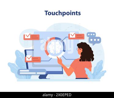 Eine fokussierte Frau identifiziert wichtige Kundenkontaktpunkte auf einem digitalen Bildschirm und optimiert so das Benutzererlebnis und die Wege zur Reise. Strategien zur emotionalen Mitarbeiterbindung verbessern. Illustration des flachen Vektors. Stock Vektor