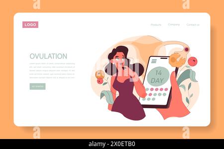 Ovulationskonzept. Eine durchdachte Frau bewertet ihren Fruchtbarkeitszyklus, dargestellt mit einer Ovar-Illustration und einer mobilen App. Der Rhythmus der Natur trifft auf modernes Tracking. Illustration des flachen Vektors Stock Vektor