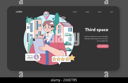 Dritter Platz Webbanner oder Landing-Page im Nacht- oder Dunkelmodus. Geselliges Umfeld. Community Life Building, People Interaction und Kommunikationszone. Illustration des flachen Vektors Stock Vektor
