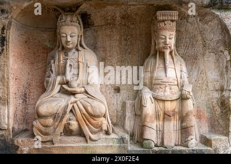 China - Provinz Sichuan - Buddha-Statue bei Dazu-Felsenschnitzereien, Kopierraum für Text Stockfoto