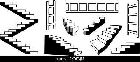 Lineare Treppen und Leitern. Schwarz-weiße surreal geometrische Elemente Kollektion. 3D-Stufen und Treppenhäuser bündeln. Architektur umrissen Formen für Collage, Poster, Banner. Vektorgrafik Stock Vektor