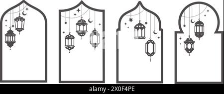 Ramadan-Vektorrahmen mit Laternen. Muslimisch dekoriertes Fenster. Islamische Umrissbogen-Vorlage. Traditionelle Illustration für Grußkartenpost und Banner Stock Vektor