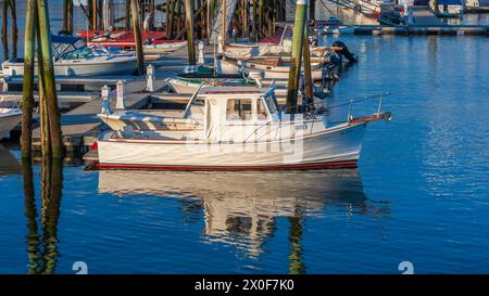 Boote legten an der Landings Marina in Rockland Harbor, Maine, USA an, mit einem leuchtend roten Pier und Reflexen auf dem ruhigen Wasser. Stockfoto