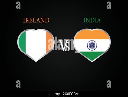 Irland gegen Indien, Cricket-Match-Konzept mit kreativer Illustration der Flagge der Teilnehmerländer Schlagmann und Hearts isoliert auf schwarzem Hintergrund Stock Vektor